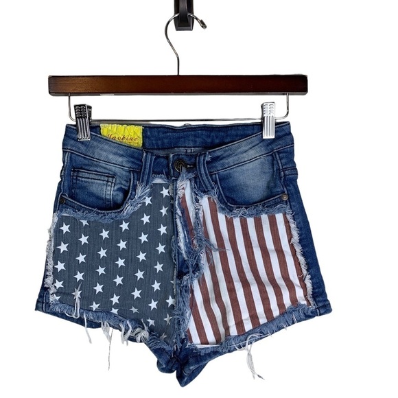 Machine Pants - Machine Shorts American Flag USA Denim Cut Off Distressed Patriotic Shorts Sz 26